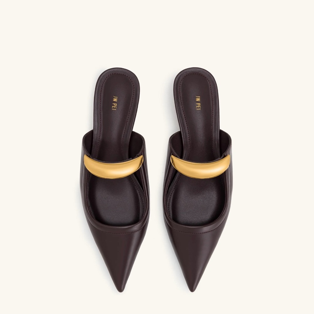 JW PEI Chocolate Mules with Gold Accent